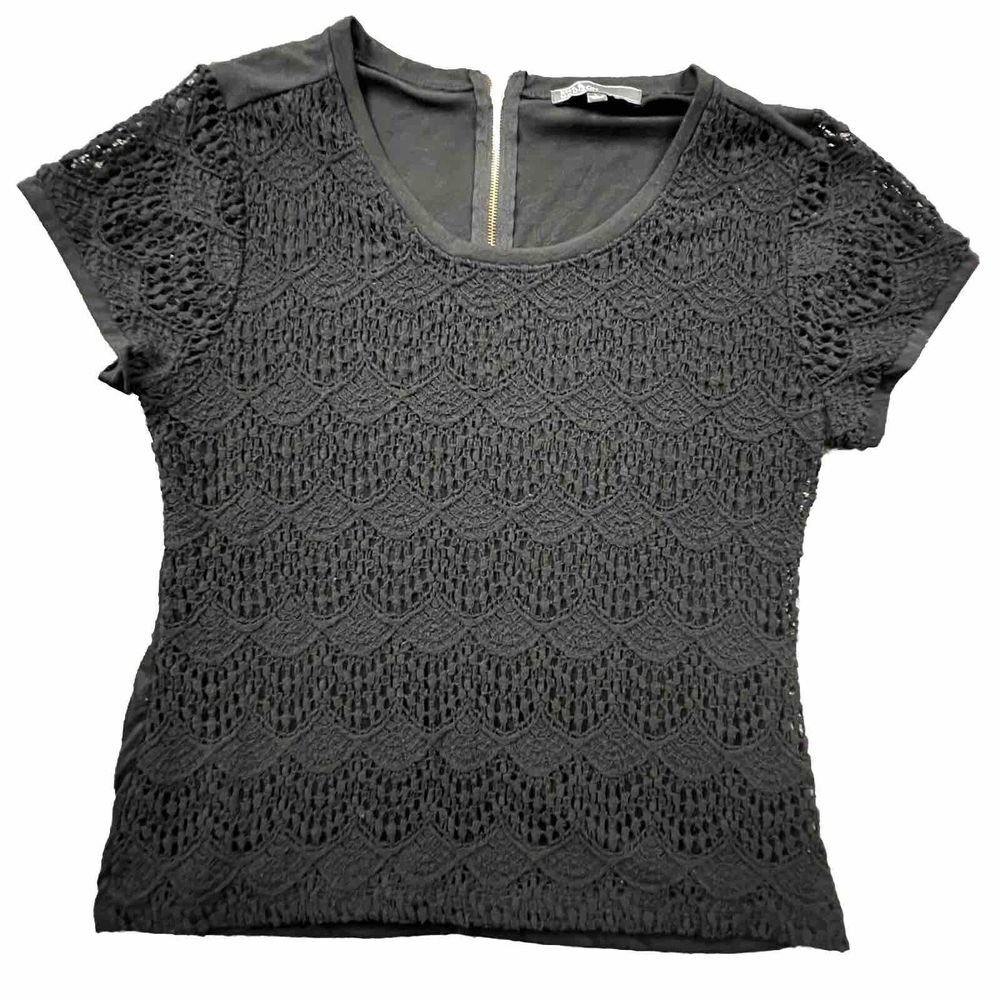 89th & Madison Lace Front Top Women Large Black Short Sleeve Scoop Neck Shirt